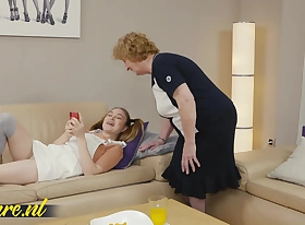 70 Year Ancient Granny Noretta Seduces Hairy Babe Kira Stone For a Fun Lesbian Night!