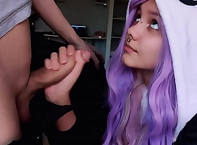 Cute doll with purple hair is uncaring with my penis