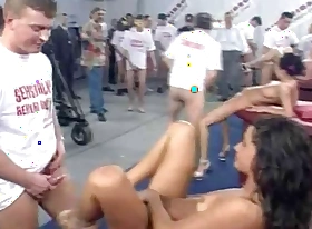 Public sex orgy with hate to hot babes in a boastfully warehouse